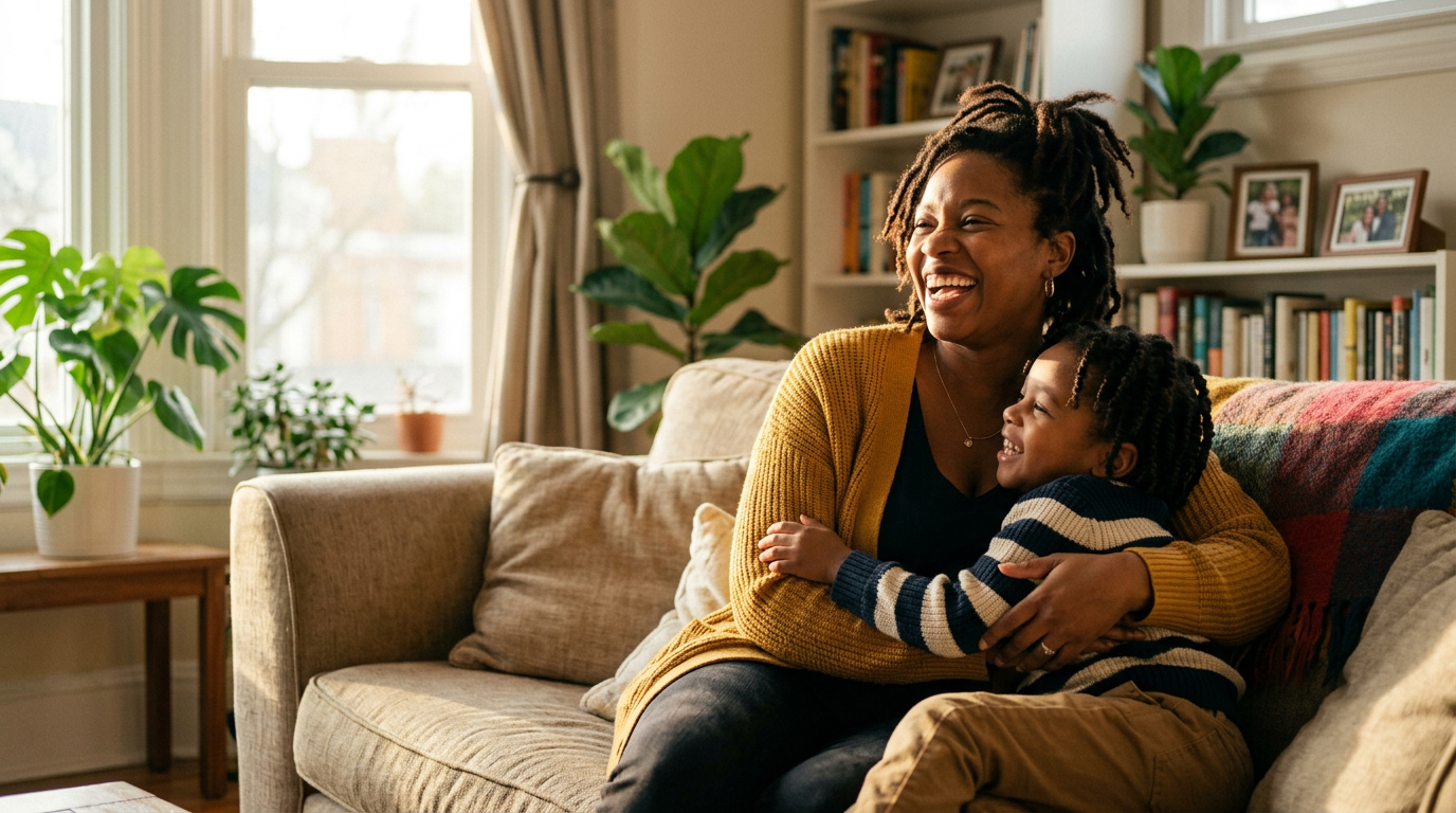 African American mother and son laughing together at home